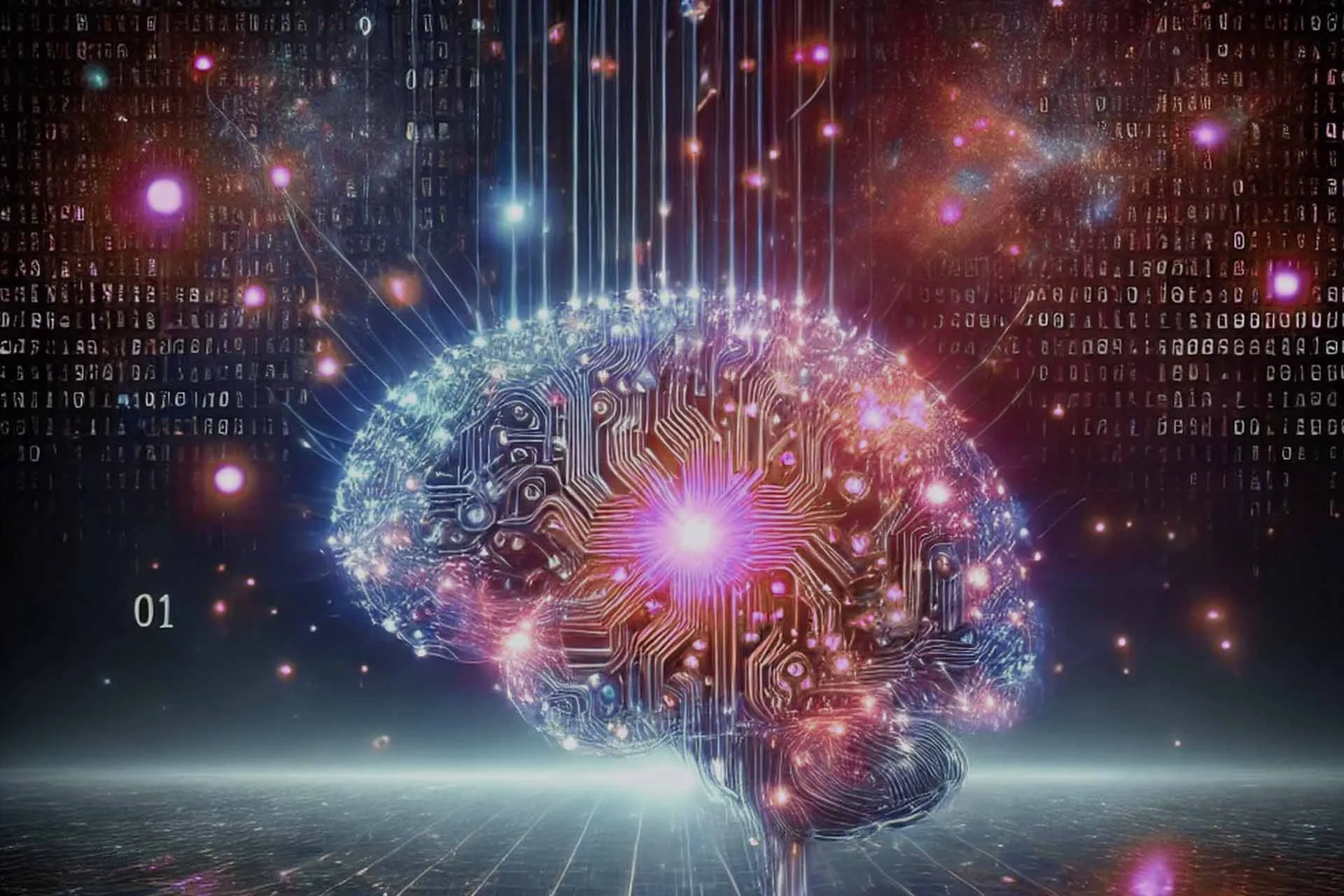 Digital brain made of circuits lit in pink and blue against a background of binary code