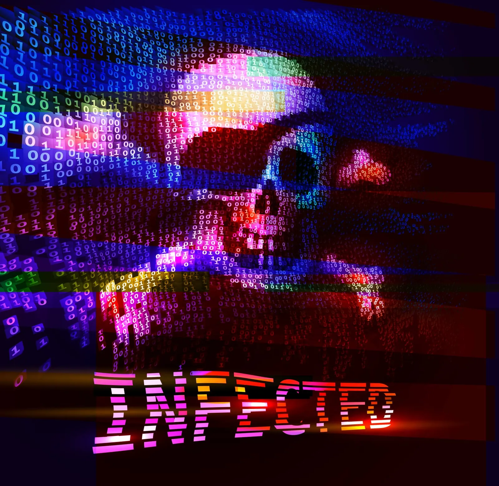 Digital skull with a glitch effect and the word INFECTED on a dark background