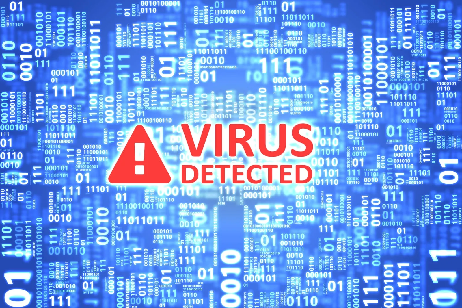 The words “Virus detected” with a red warning sign on a blue background of binary code