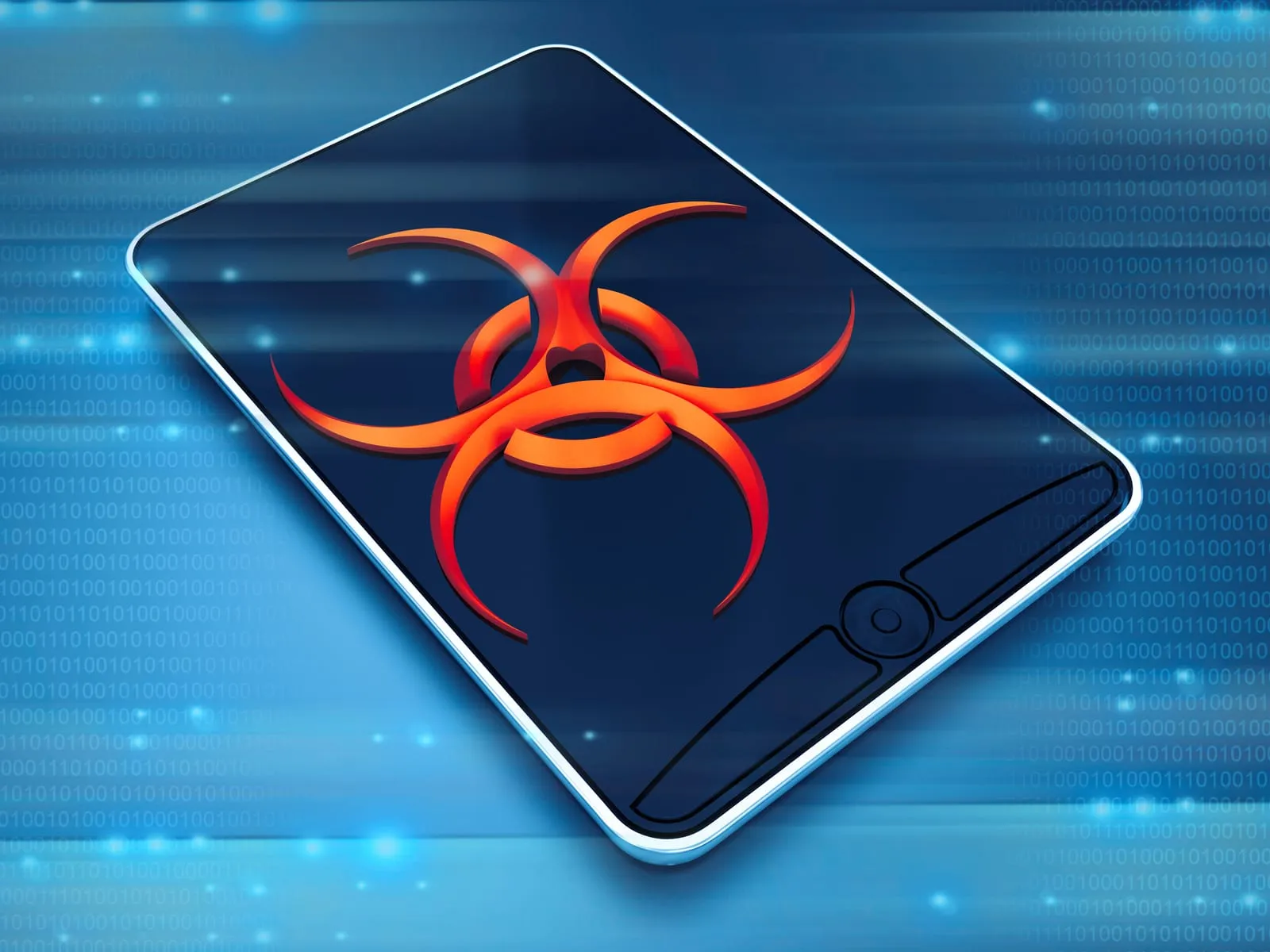 Tablet showing a biohazard symbol on its screen, on a blue background