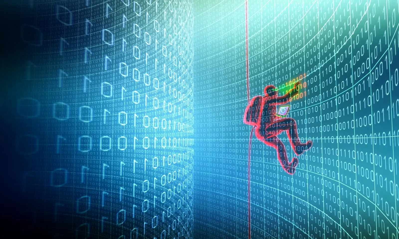 Stylised red figure abseiling down a wall of light blue binary code