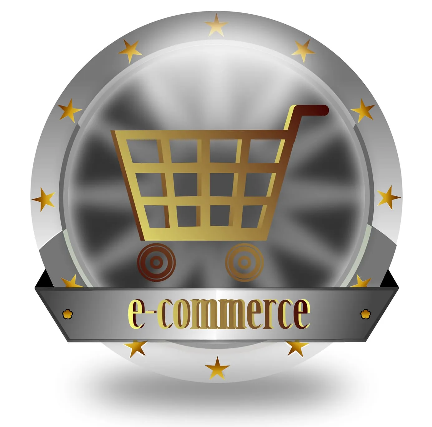 Metal badge with a shopping cart and the word e-commerce