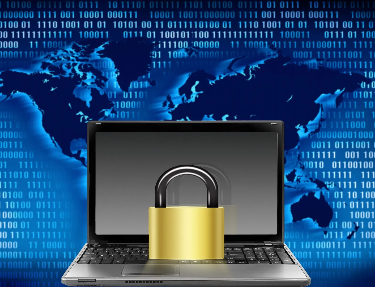 Golden padlock in front of a laptop, on a blue background with a world map and digital data