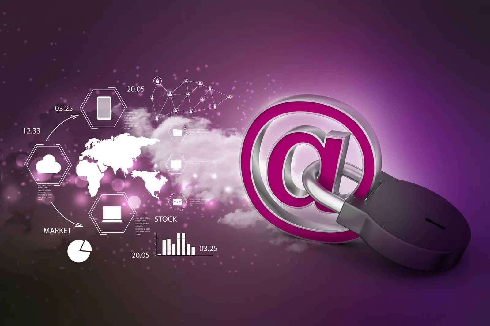 An @ symbol with a padlock on a purple background, with a stylised world map