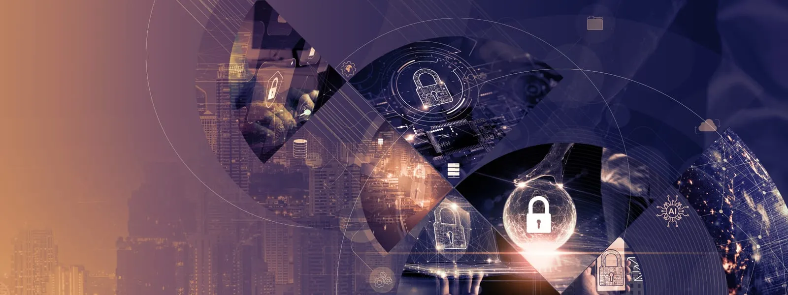 Glowing digital padlocks over circuits and a night skyline in purple and blue tones