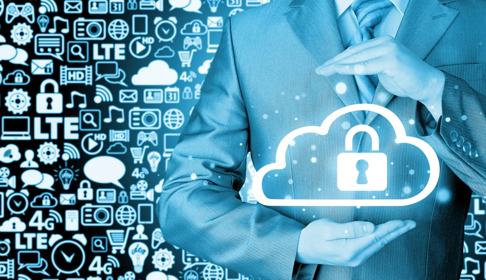 Open hand beneath a cloud with a padlock, surrounded by device and network icons on a blue background