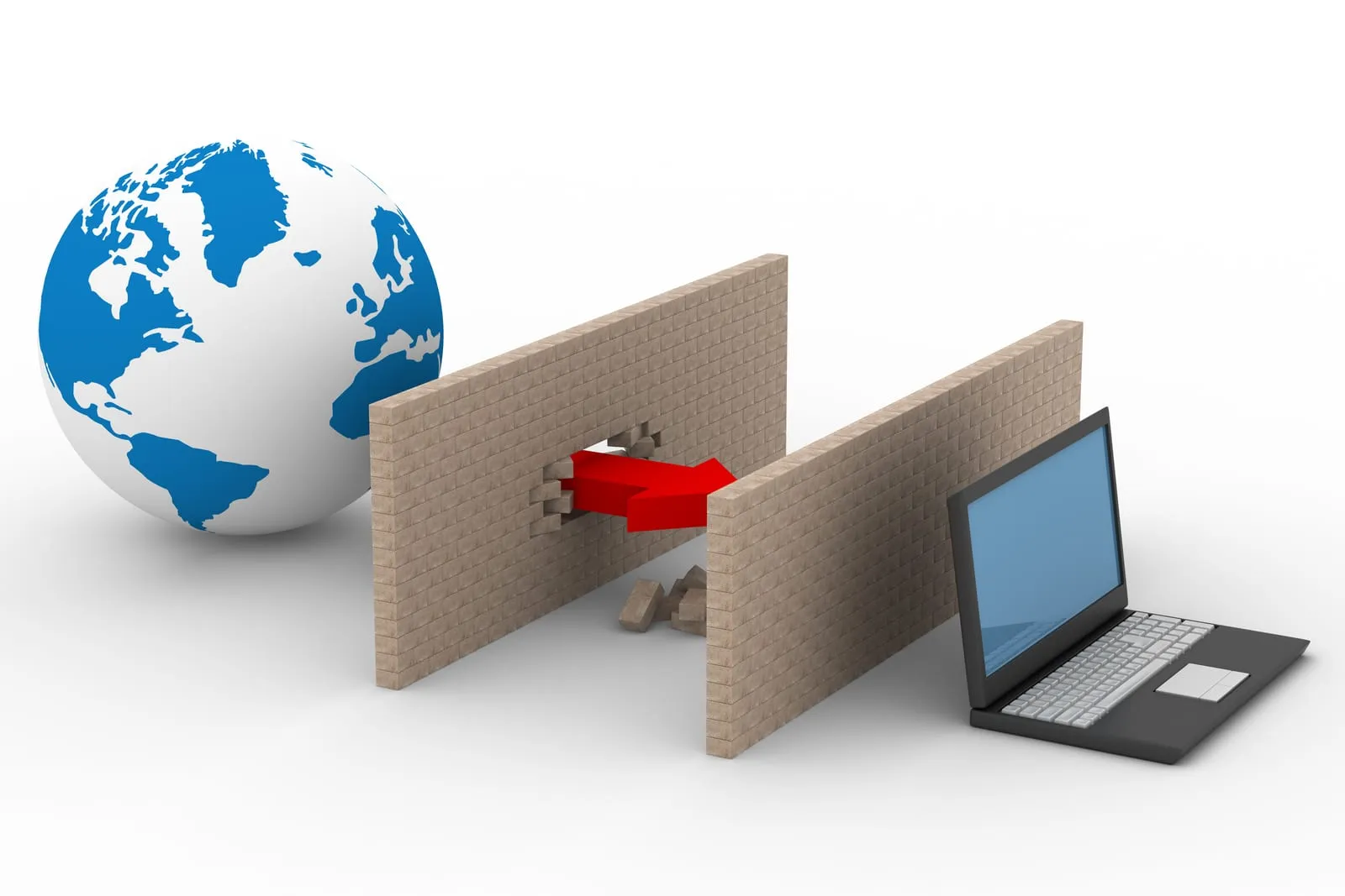 A globe and a laptop separated by two brick walls, with a red arrow breaking through the first one