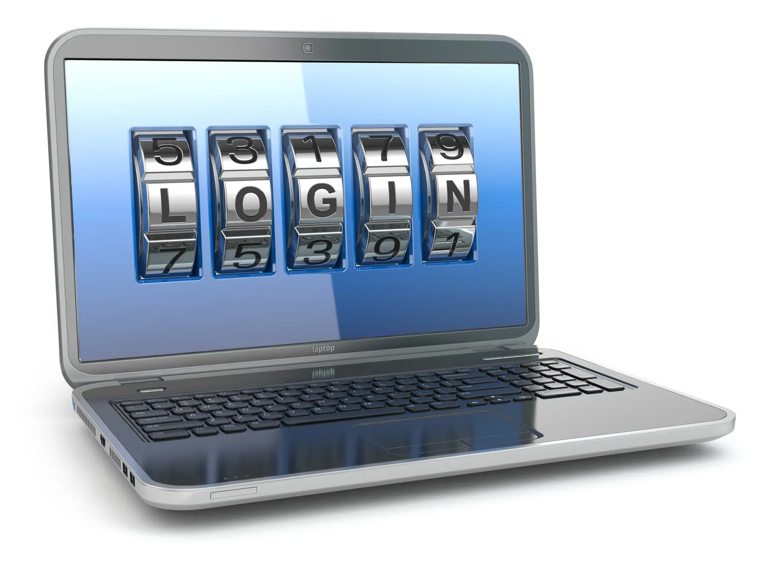 Laptop with a combination lock spelling out the word LOGIN