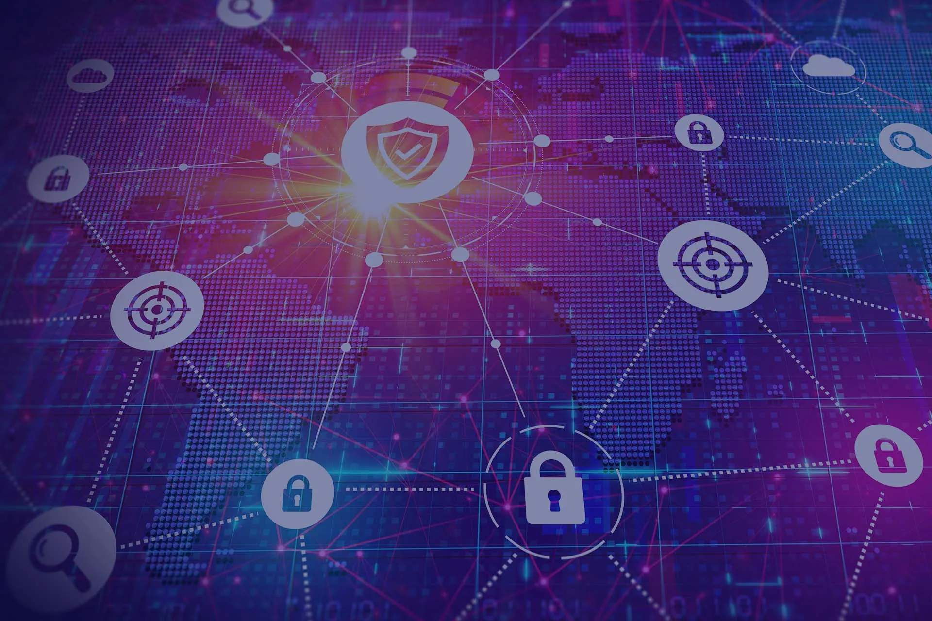 World map with connected security icons: padlocks, shields and targets linked by lines of light