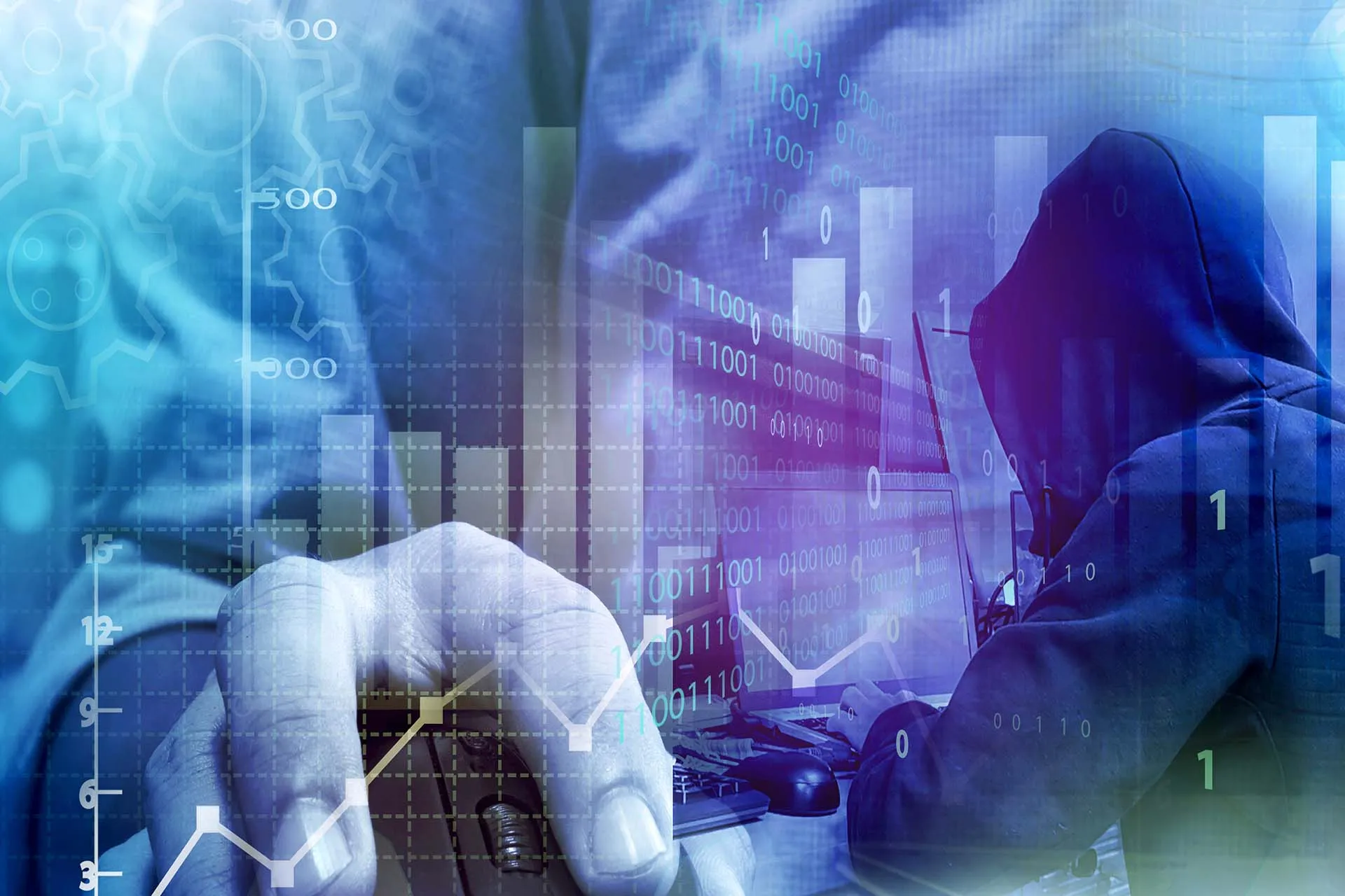 Hand on a keyboard with charts and binary code, and a hooded figure at a computer in the background