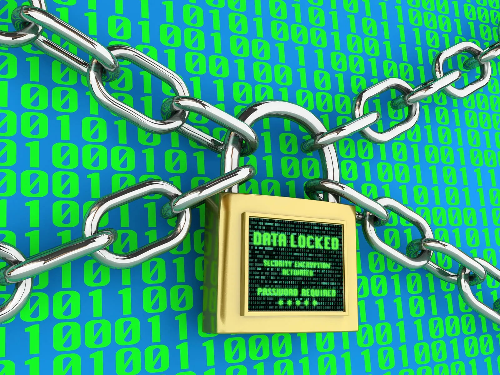 Metal chains closed with a padlock on a green background of binary code