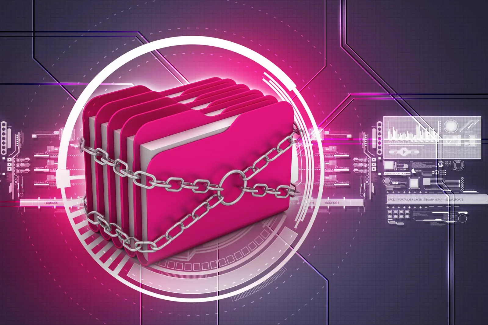 Stack of drives wrapped in chains at the centre of a glowing circle, on a pink and purple background