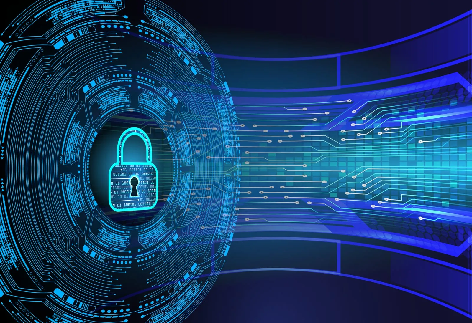 Glowing padlock at the centre of a circular pattern of digital circuits, on a blue and purple background