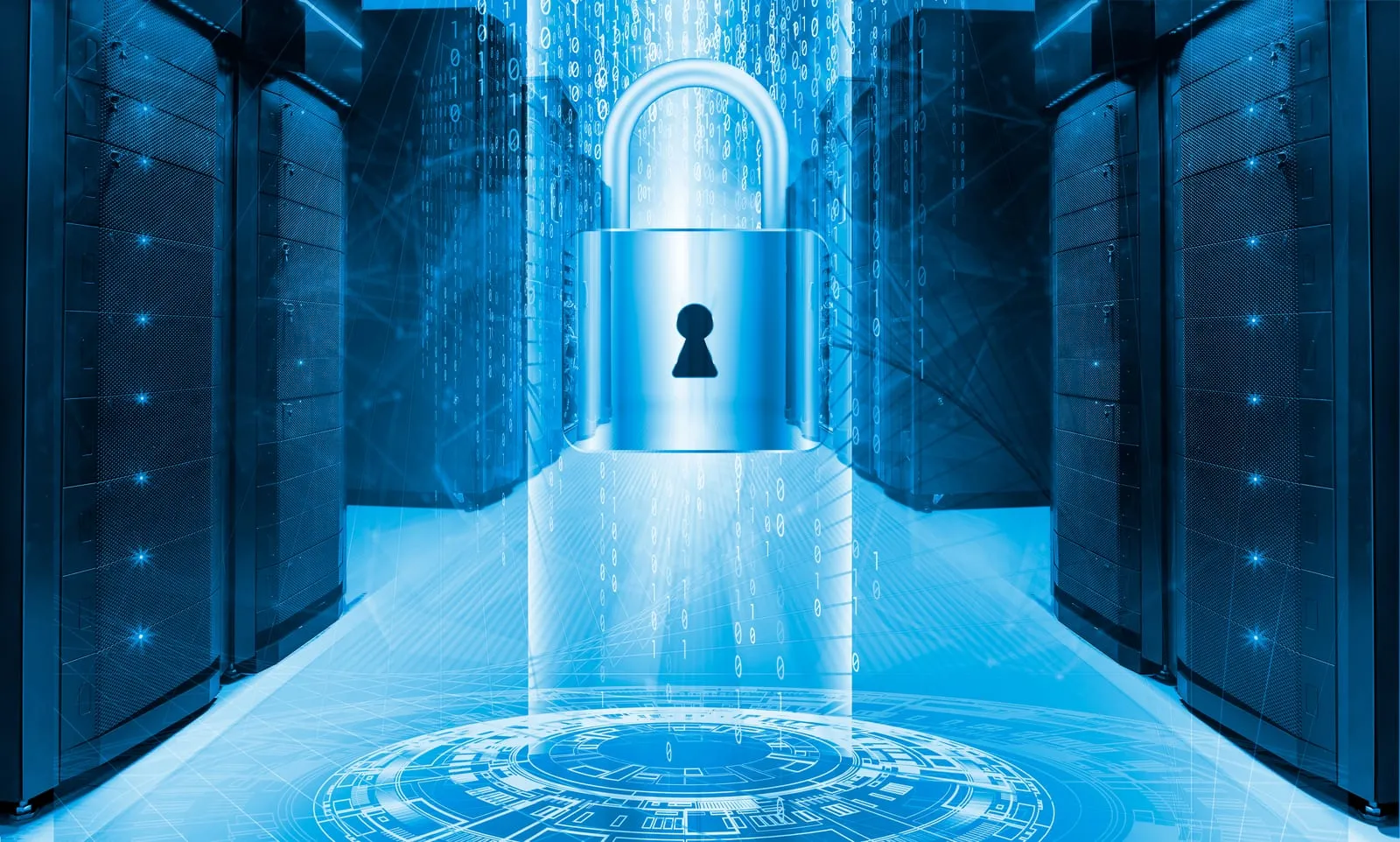 Blue-lit data centre corridor with a padlock at the end