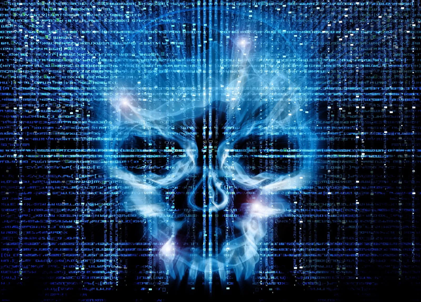 Stylised skull made of glowing blue lines and dots on a dark digital background