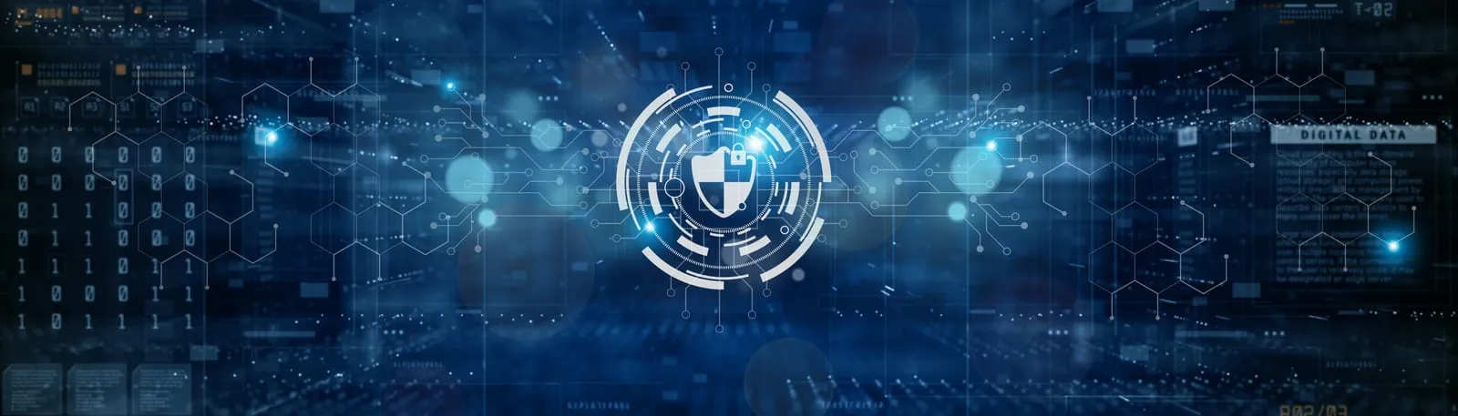 Shield with a padlock at the centre of glowing circles, on a blue background of circuits and digital data