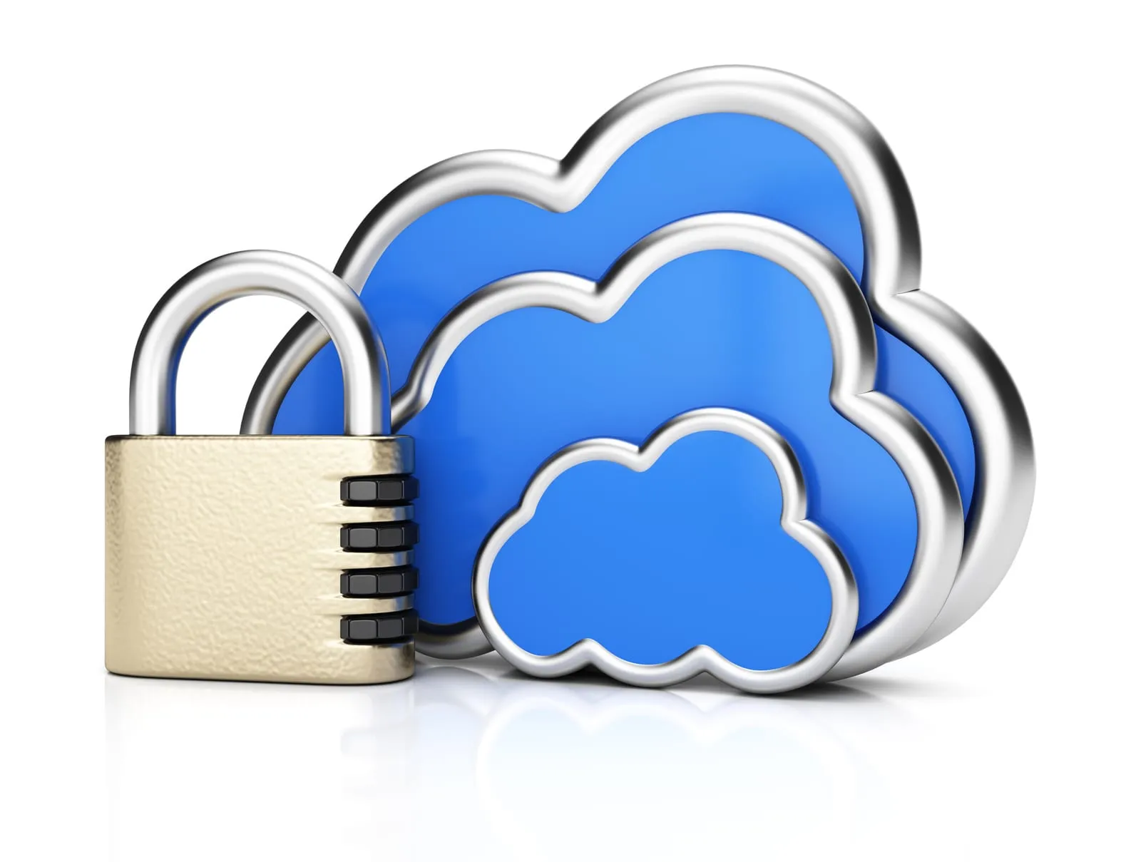 Closed padlock in front of two light blue clouds, a symbol of a protected cloud service