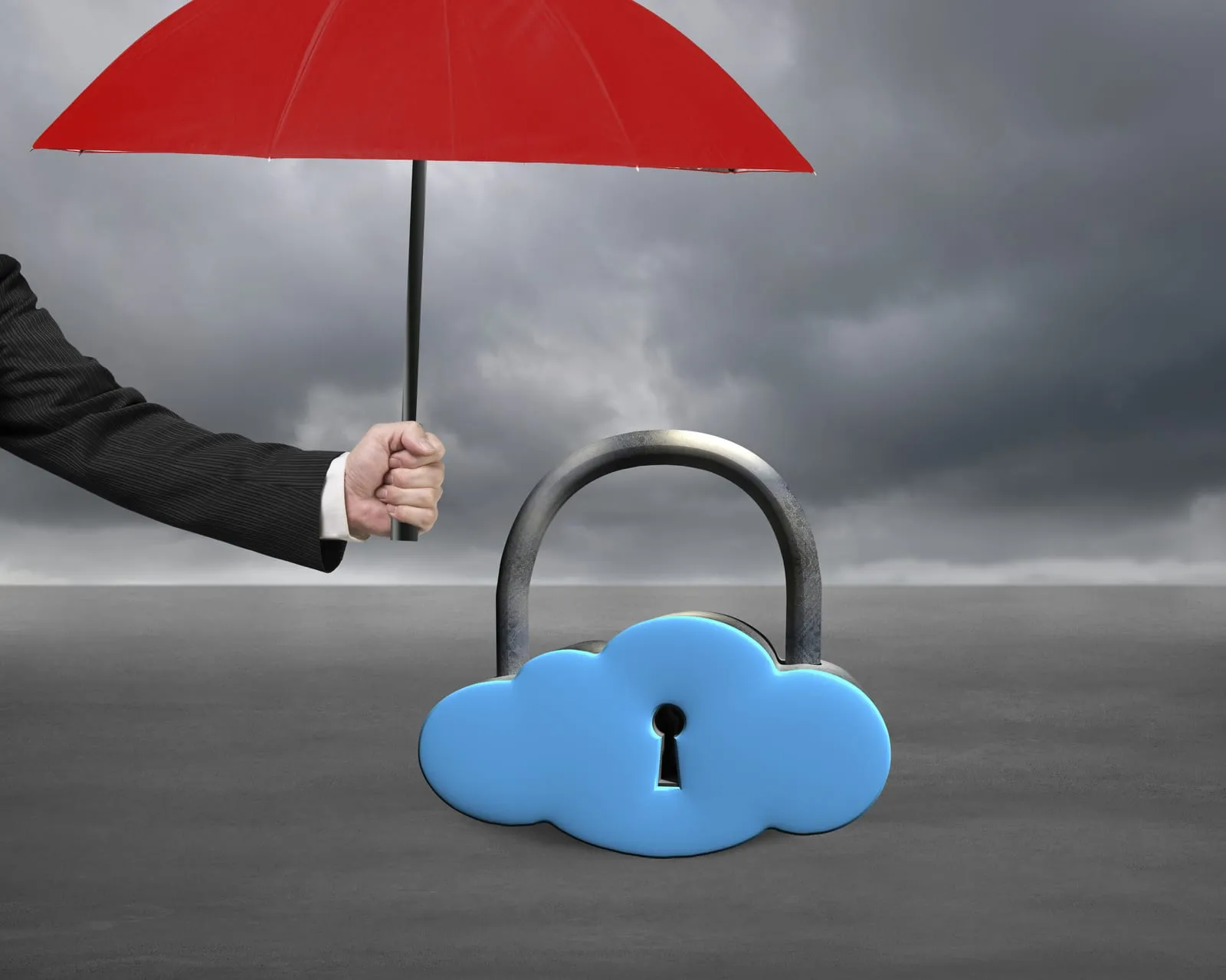 Red umbrella sheltering a cloud-shaped padlock from the rain under a grey sky