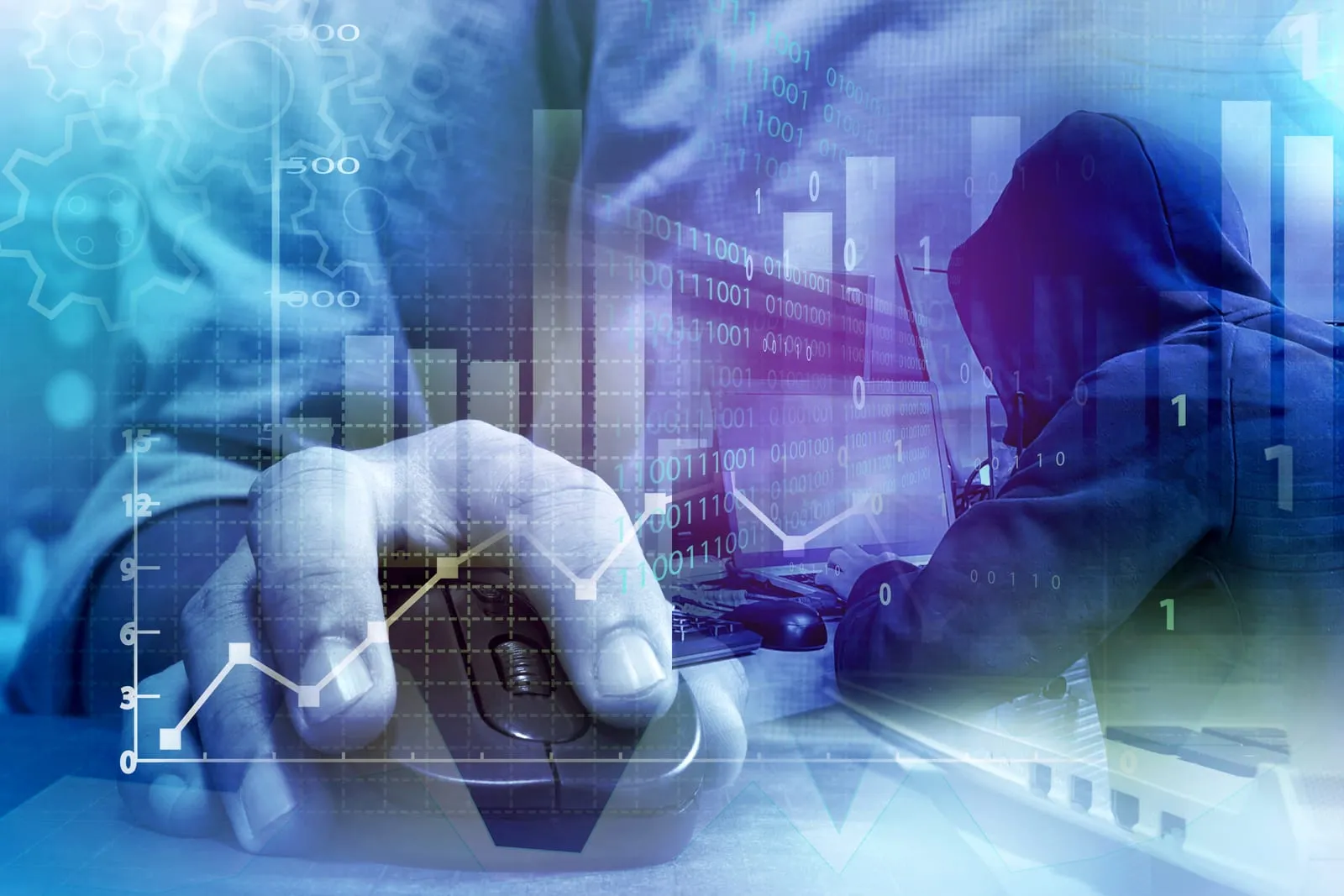 Hand touching a screen with glowing charts and data, in blue and purple tones