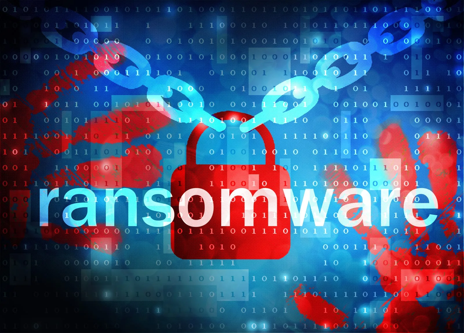 The word ransomware in red on a blue background of circuits, chains and padlocks
