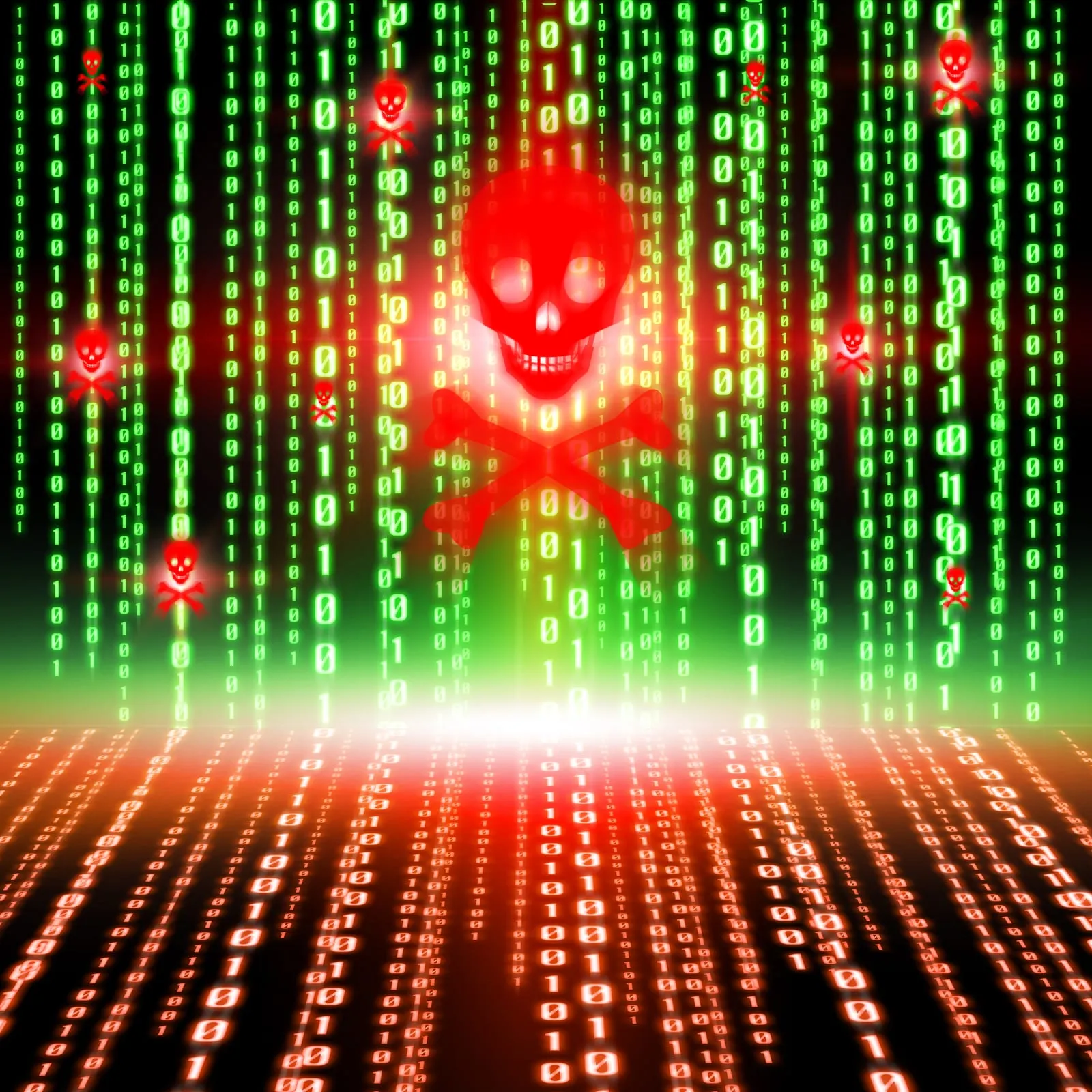 Red skull over columns of green characters in a digital code style