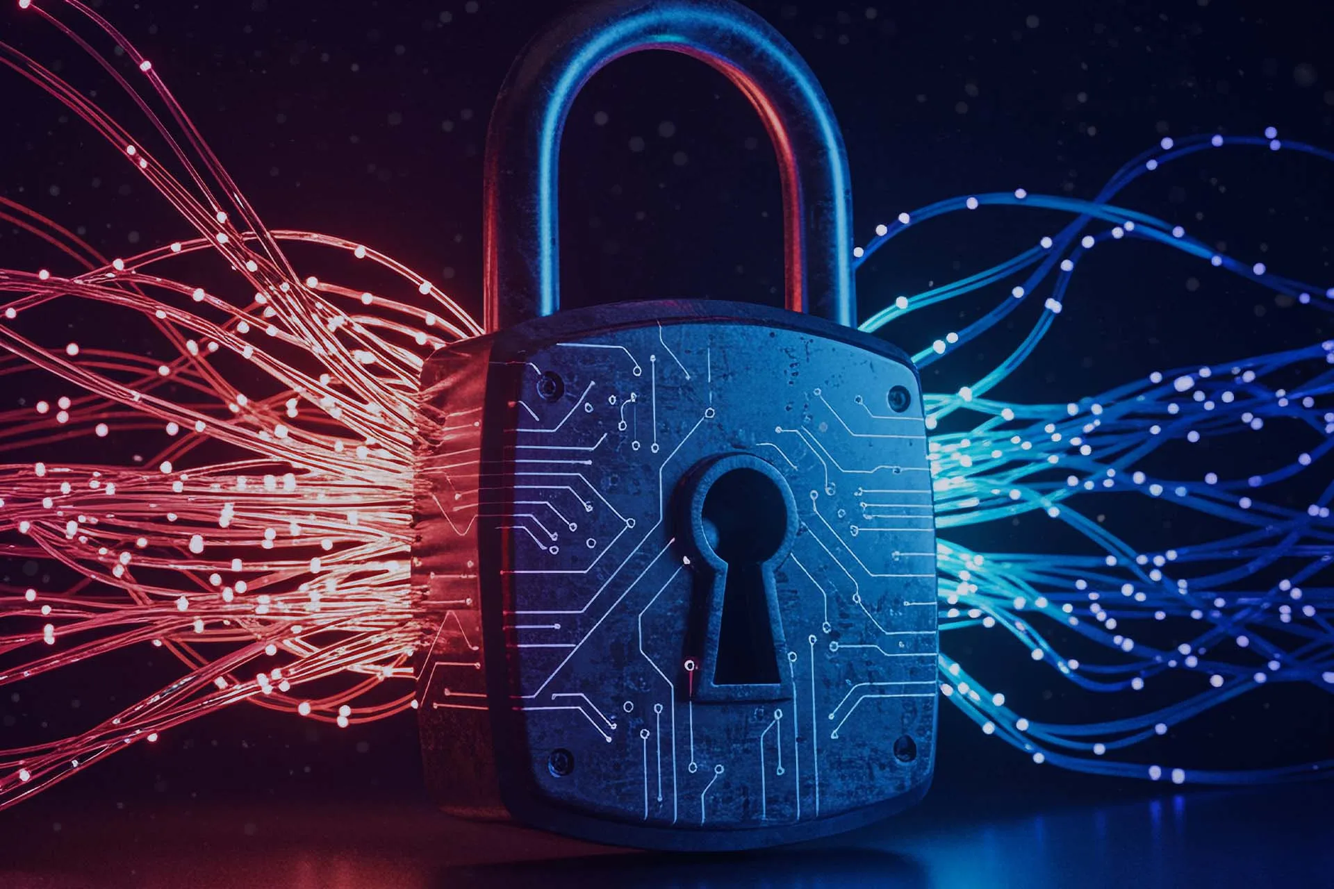 Padlock with a circuit pattern between red and blue fibre-optic strands