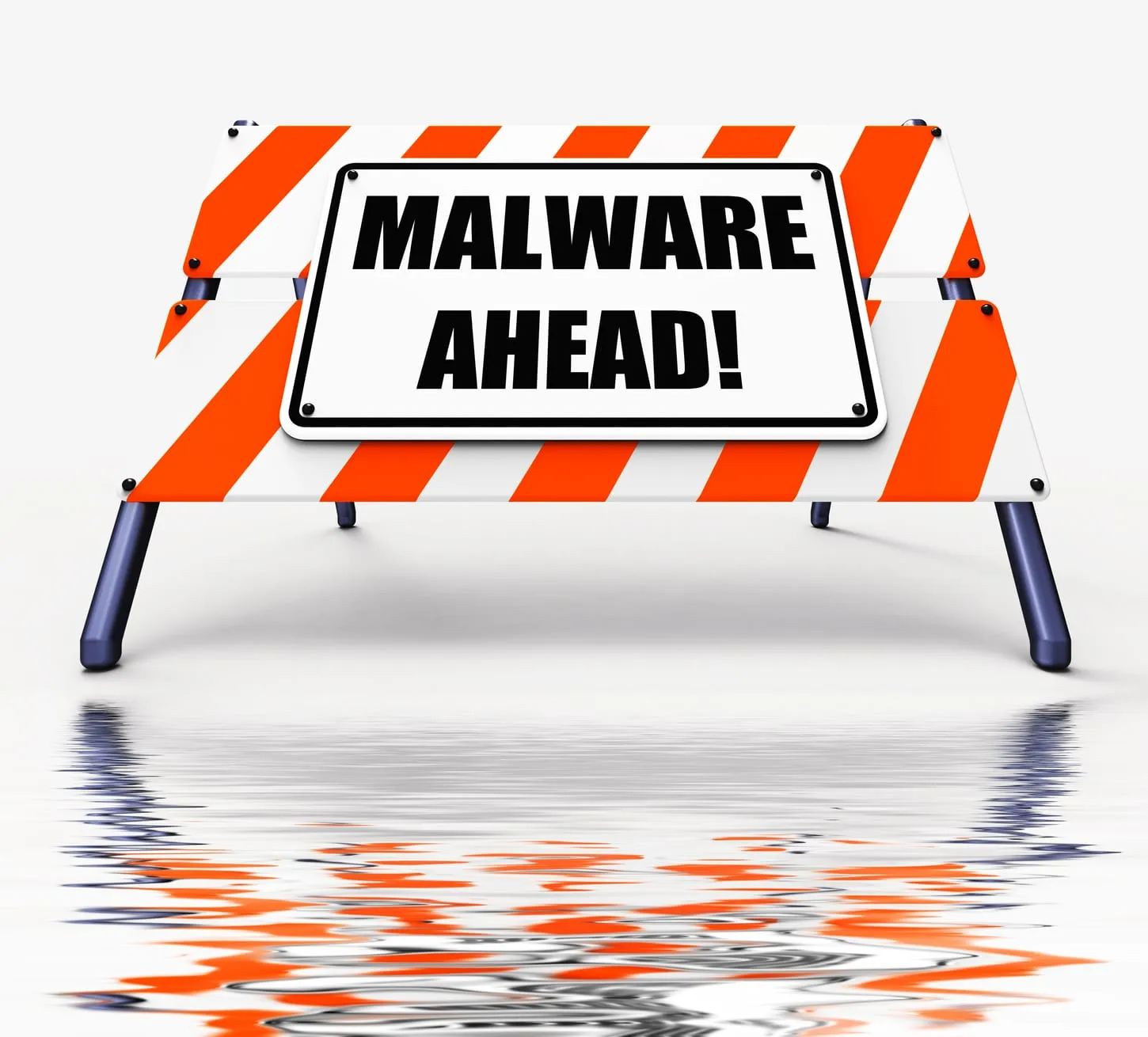 White and orange barrier with a MALWARE AHEAD! sign reflected on a glossy surface