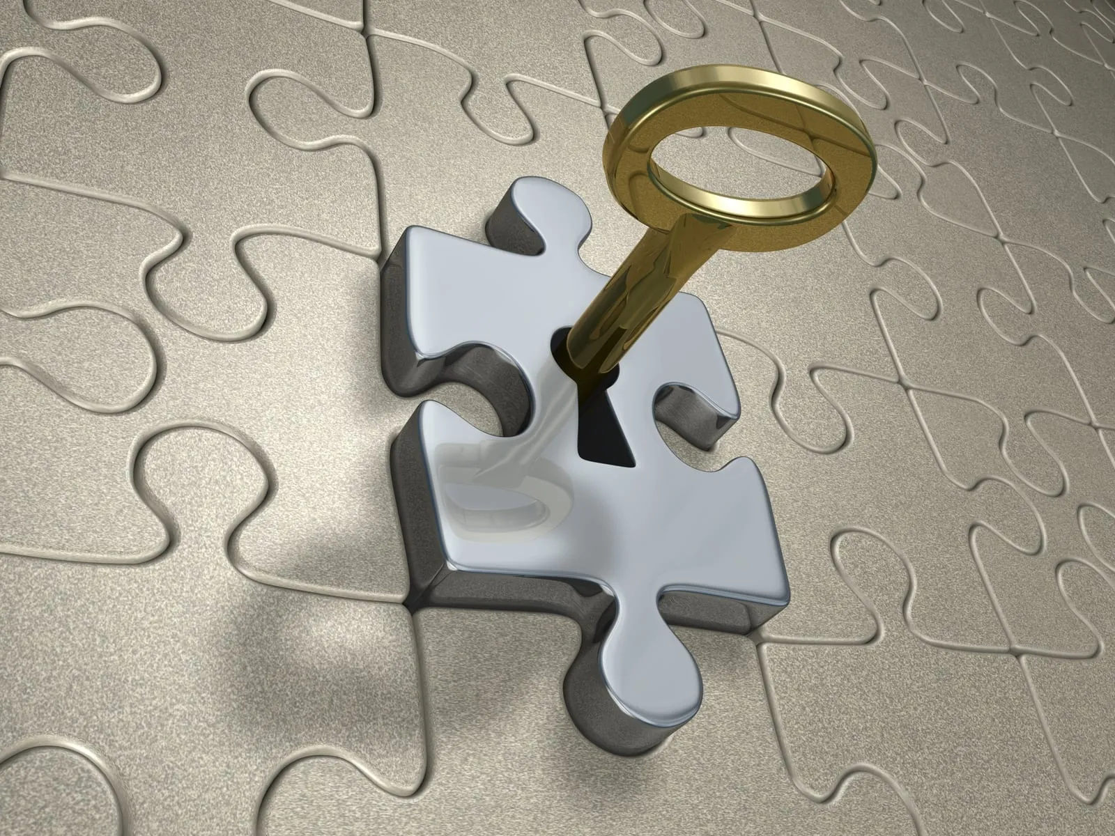 A key inserted into the lock of a jigsaw puzzle piece, on a light background